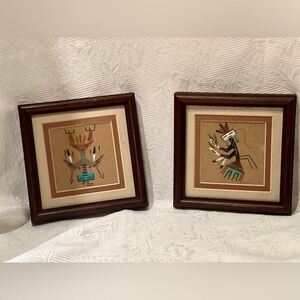 Framed Sand Art Native American Indian Navajo Lot Pair of 2  7"X 7" Vintage